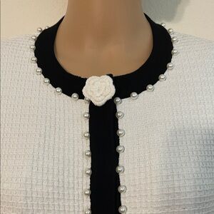 NWT Adrianna Papell White/Black Cardigan Sweater w/Pearl Trim